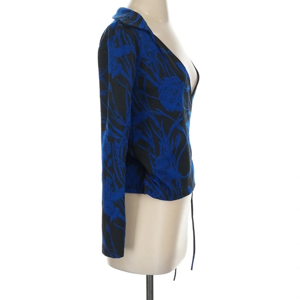 Zara Blue Jacquard Floral Wrap Top Long Sleeve V-Neck Tie Waist Blouse Women XS - Picture 4 of 8